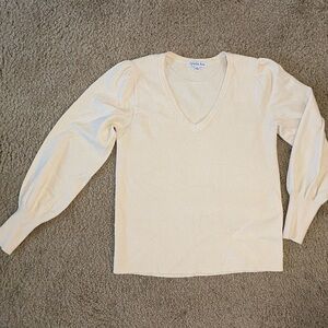 Ophelia Roe Women’s Beige Puff Sleeve V Neck Knit Sweater Size L